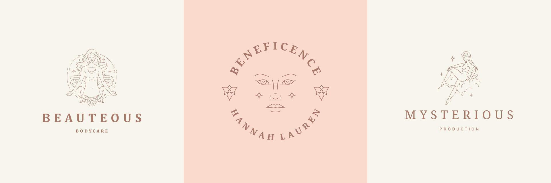 Feminine logos emblems design templates set with magic female illustrations minimal linear style. vector