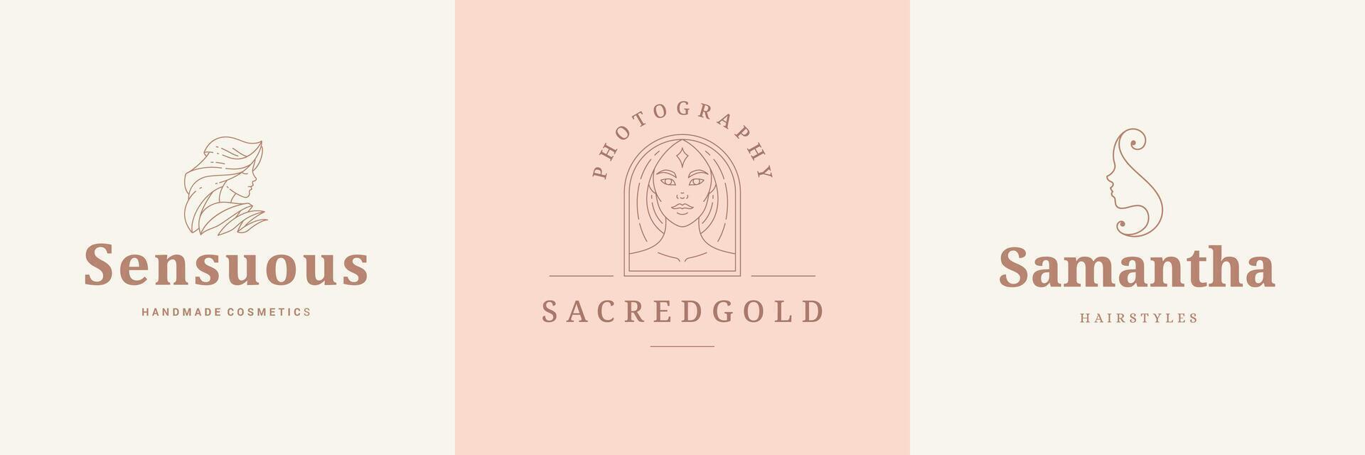 Feminine logos emblems design templates set with female portraits illustrations minimal linear style vector