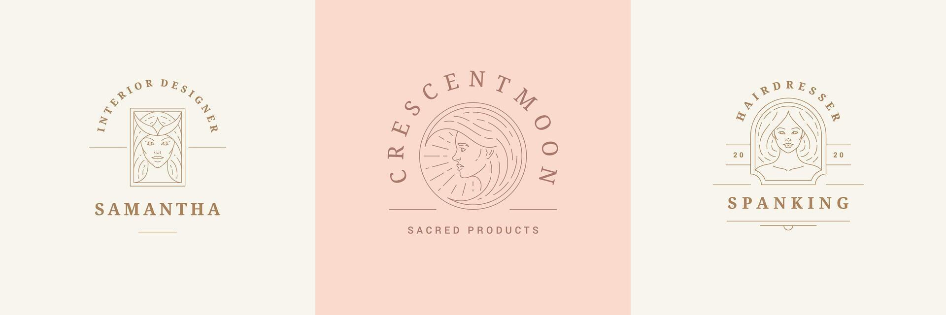 Feminine logos emblems design templates set with magic female portraits illustrations minimal linear style. vector