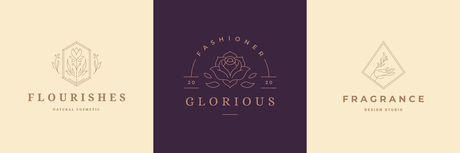 Flower logos emblems design templates set with botanical plants and rose illustrations minimal linear style vector