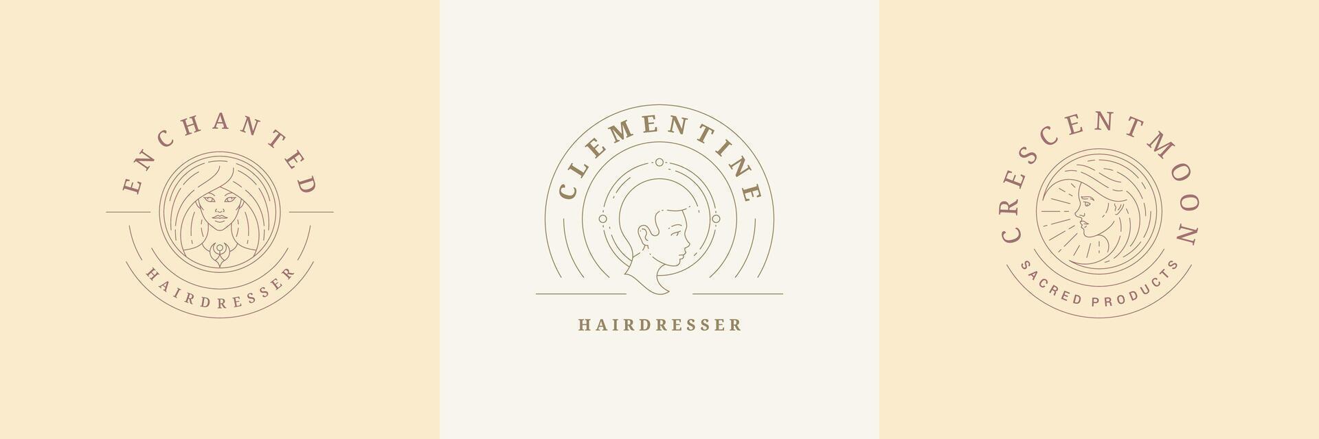 Feminine logos emblems design templates set with magic female portraits illustrations minimal line art style vector