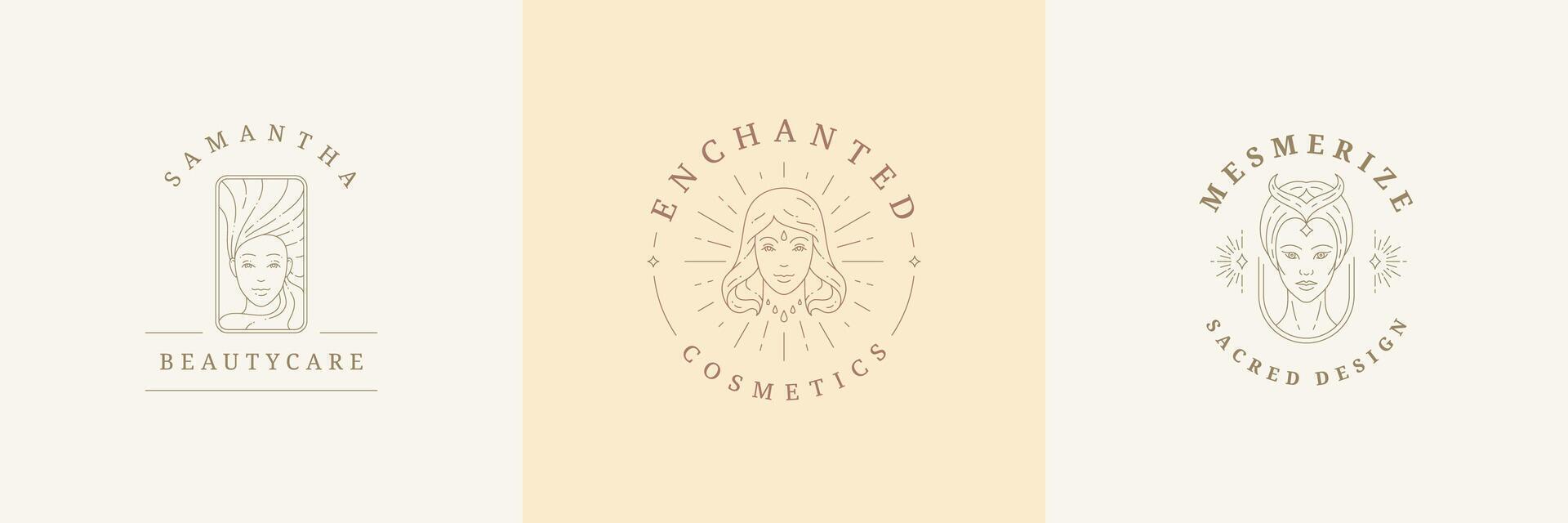 Feminine logos emblems design templates set with magic female portraits illustrations minimal linear style. vector