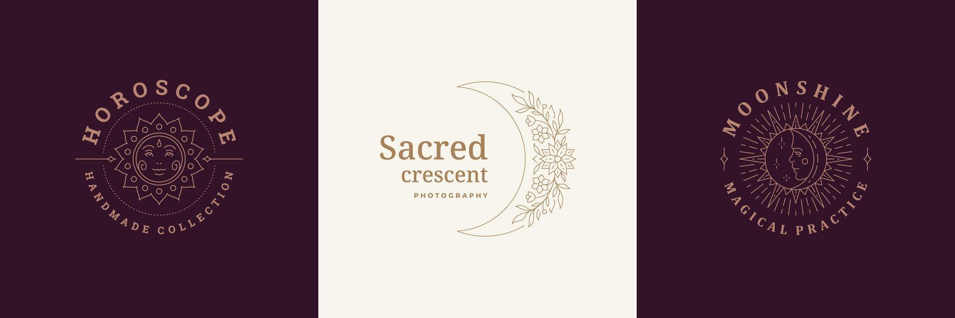 Esoteric logos emblems design templates set with mystic moon and magic sun illustrations minimal linear style vector