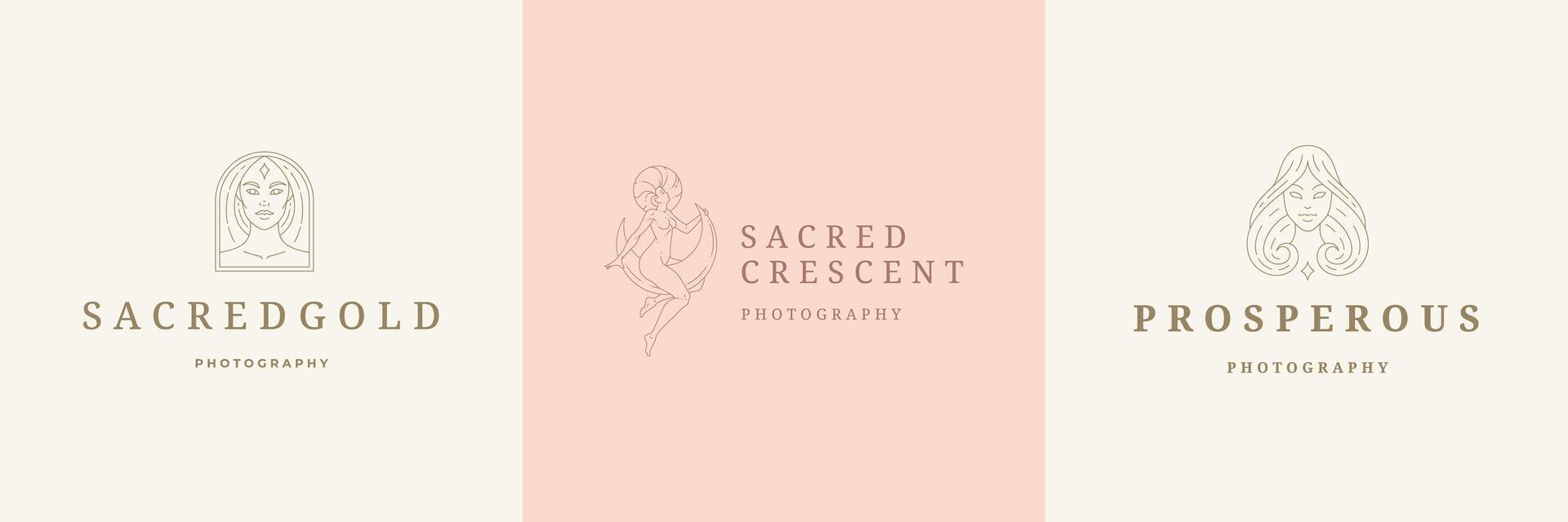 Feminine logos emblems design templates set with magic female illustrations minimal linear style vector