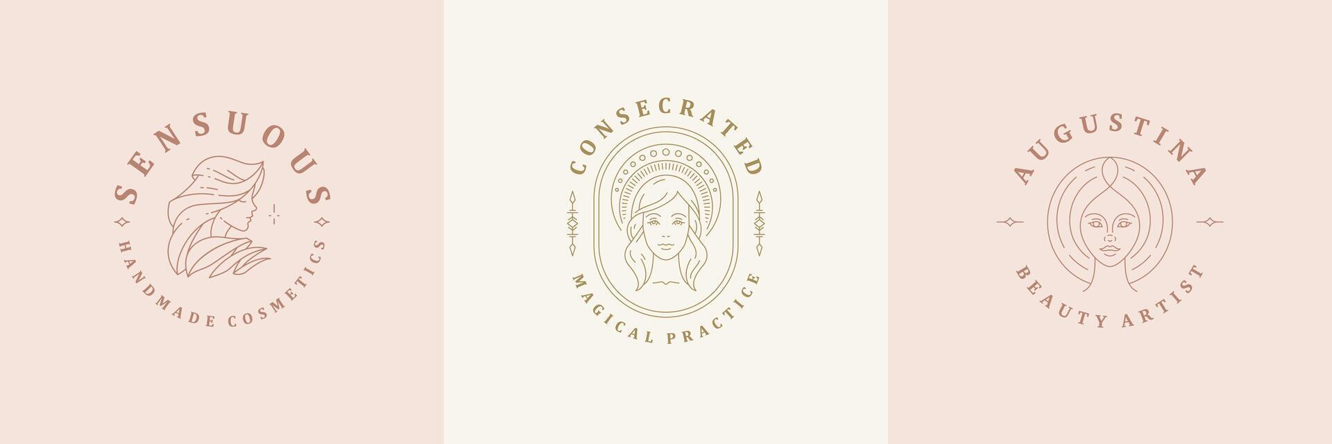 Feminine logos emblems design templates set with magic female portraits illustrations minimal linear style vector