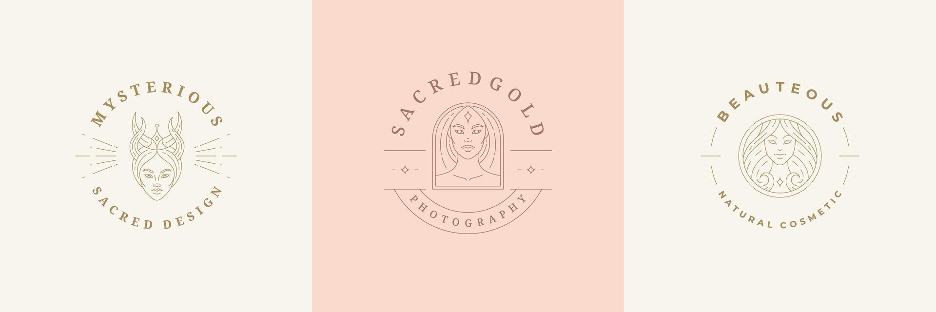 Feminine logos emblems design templates set with magic female portraits illustrations minimal linear style. vector