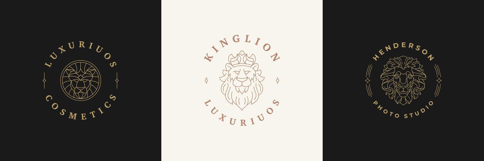 Lion head logos templates set linear illustration vector