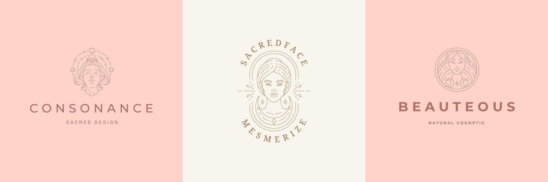 Feminine logos emblems design templates set with magic female portraits illustrations minimal linear style. vector