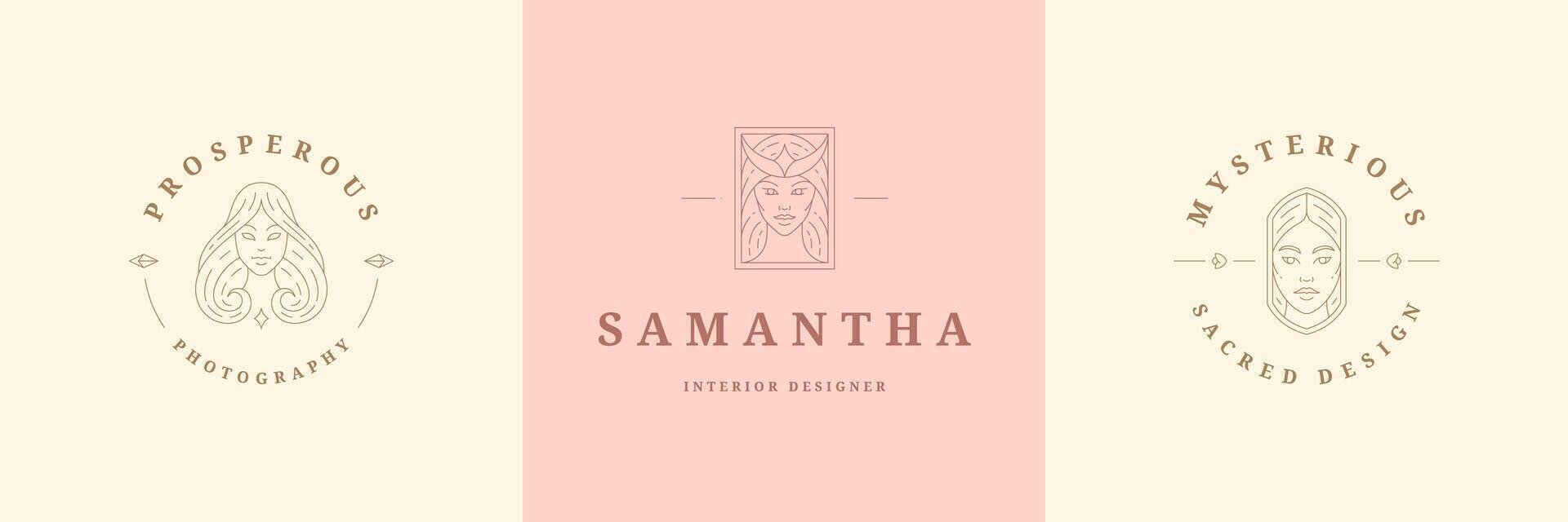 Feminine logos emblems design templates set with magic female portraits illustrations minimal linear style vector