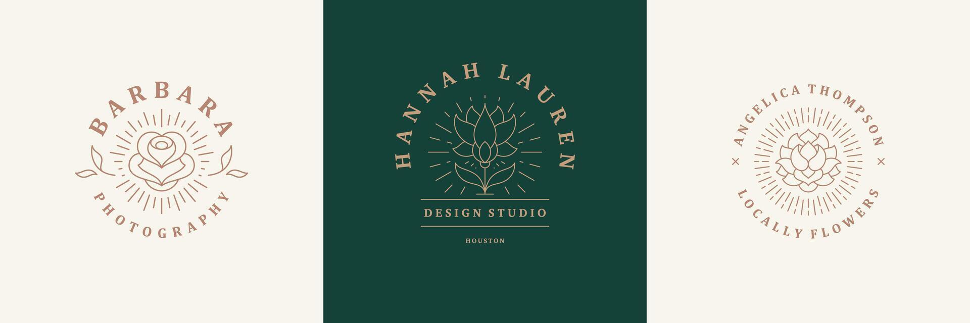 Flower logos emblems design templates set with botanical plants and rose illustrations minimal linear style vector