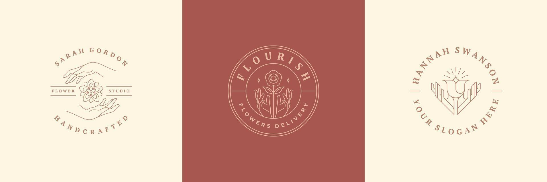 Feminine logos emblems design templates set with woman hands and flowers illustrations minimal line art style vector