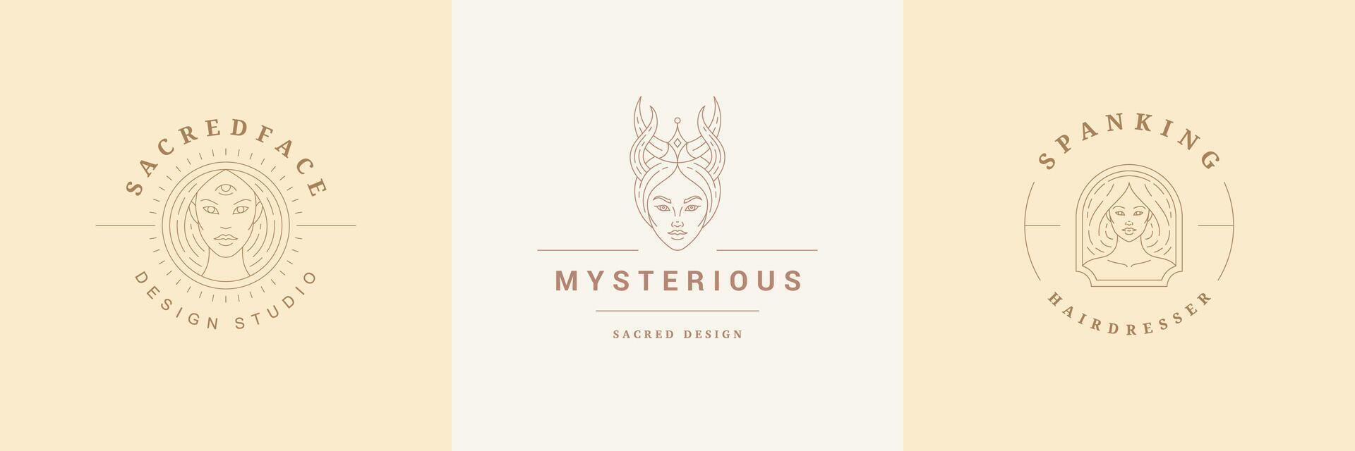 Feminine logos emblems design templates set with magic female portraits illustrations minimal linear style. vector
