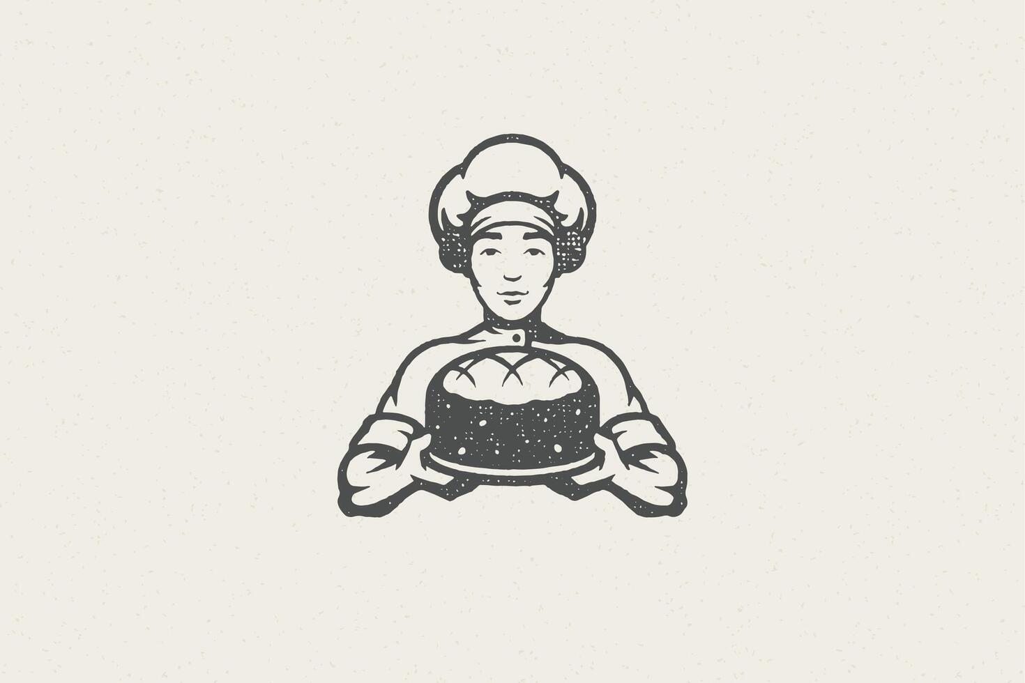 Silhouette of male chef baker carrying plate with fresh cake hand drawn stamp effect illustration. vector
