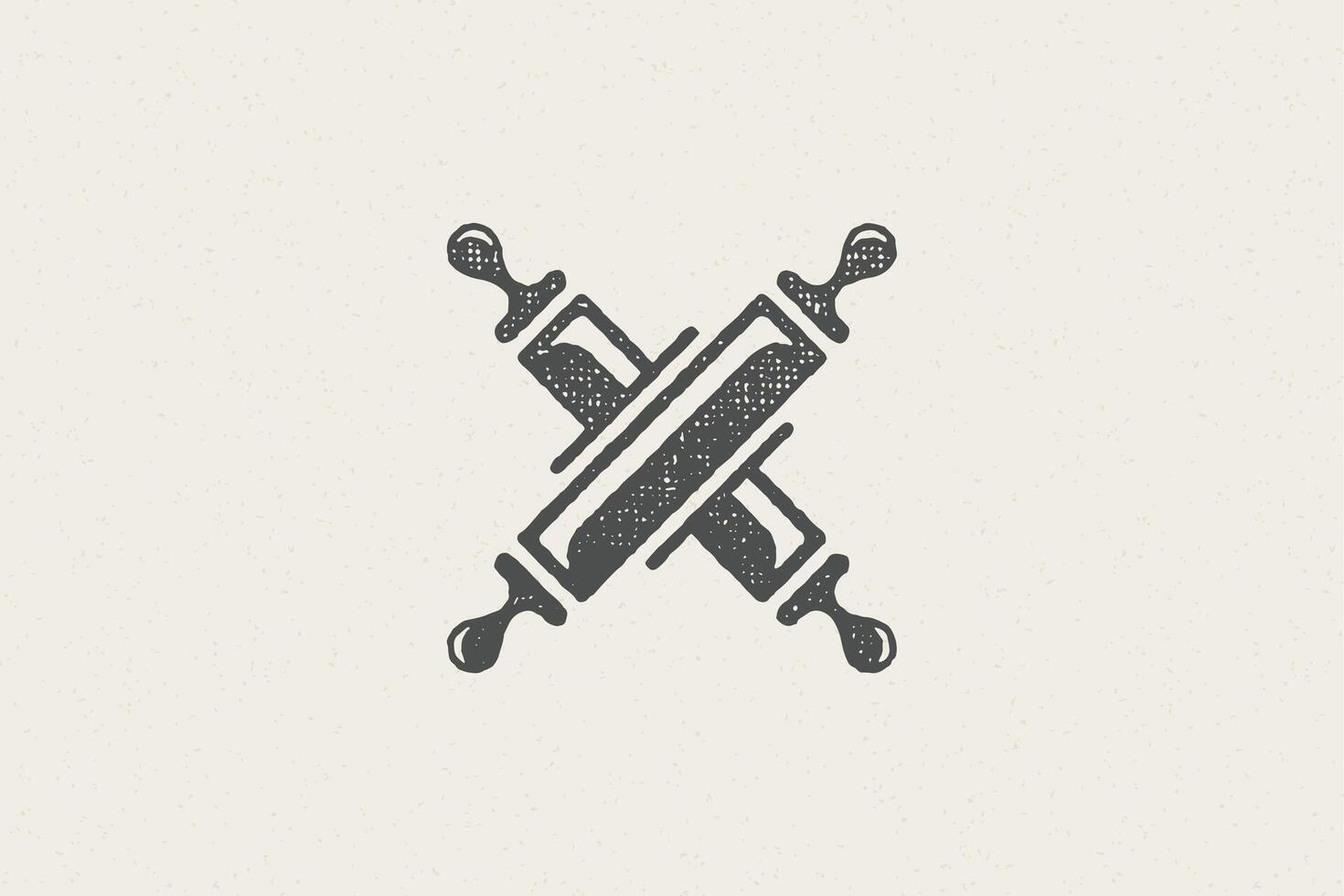 Silhouette of traditional rolling pins crossed symbol of pastry preparation hand drawn stamp effect illustration. vector