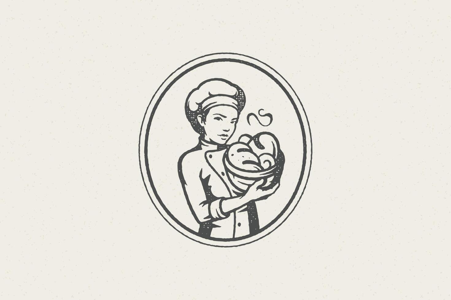 Woman baker in chef uniform with container of fresh buns work in bakery hand drawn stamp effect illustration. vector