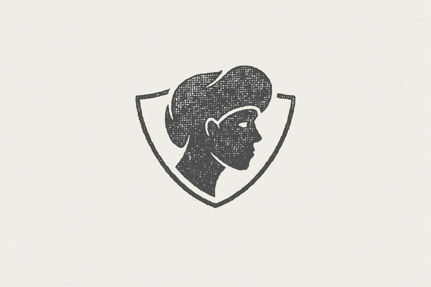 Shield shaped badge with silhouette of head of male chef cook hand drawn stamp effect illustration. vector