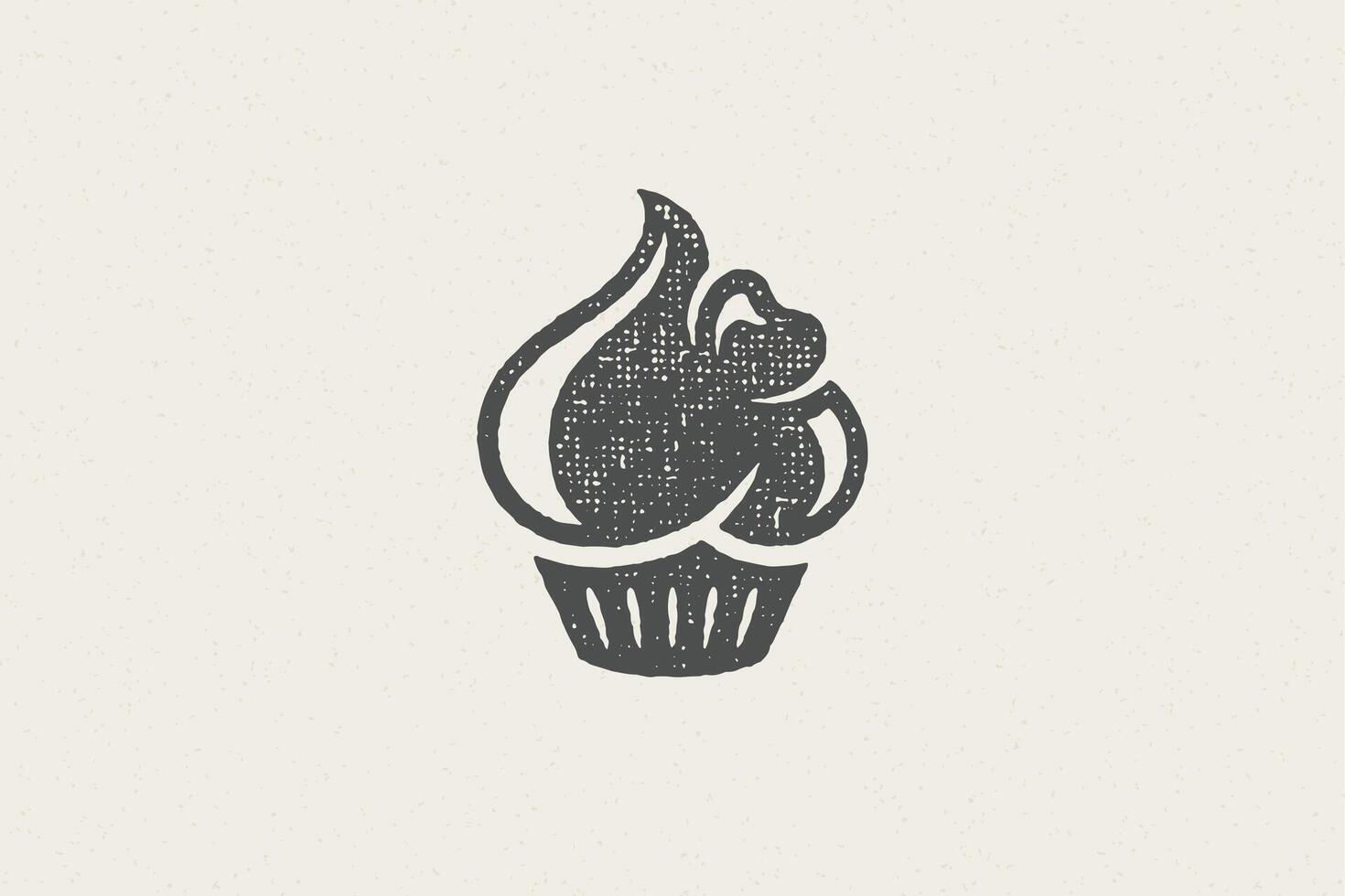 Silhouette of retro emblem of cupcake with cream as symbol for bakery hand drawn stamp effect illustration. vector