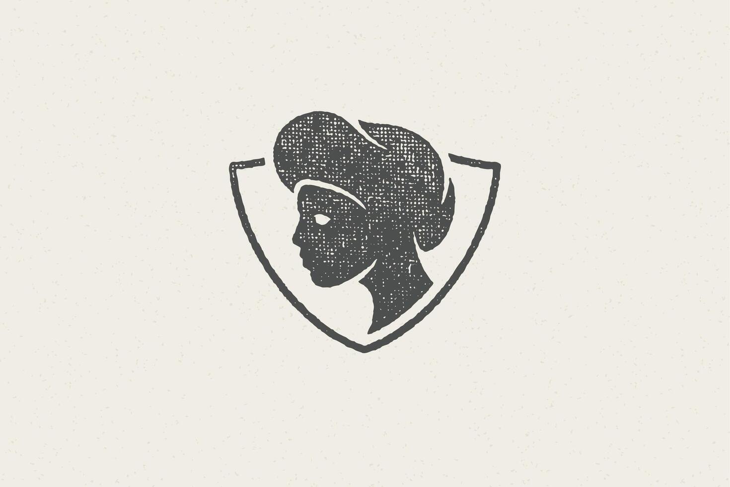 Shield shaped badge with silhouette of head of female chef cook hand drawn stamp effect illustration. vector