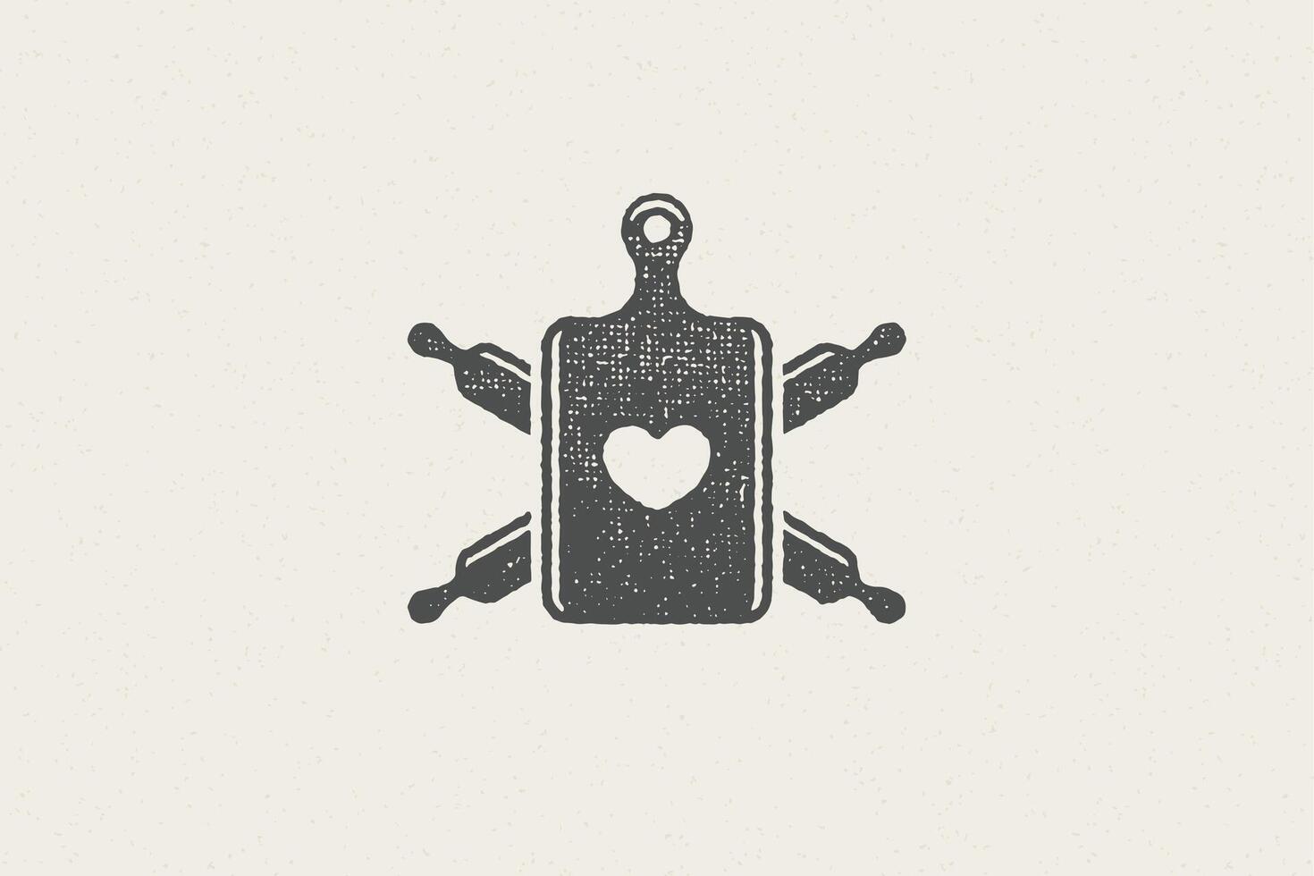 Silhouette of rolling pins crossed and cutting board with heart symbol hand drawn stamp effect illustration. vector