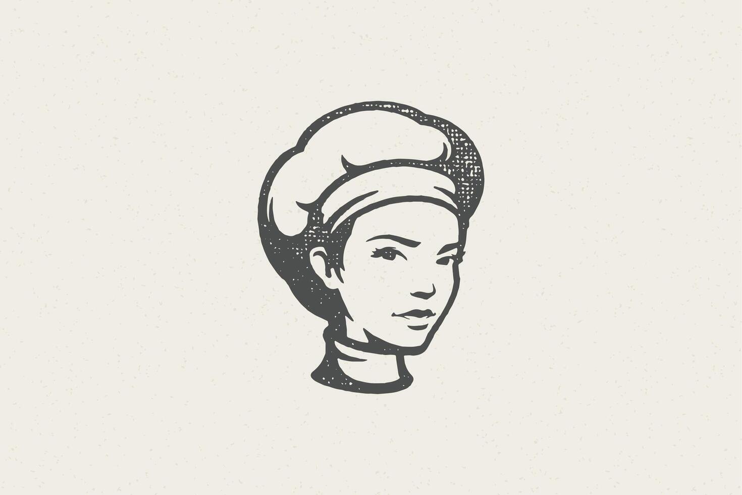 Black silhouette of head of woman in traditional chef cap work in kitchen hand drawn stamp effect illustration. vector