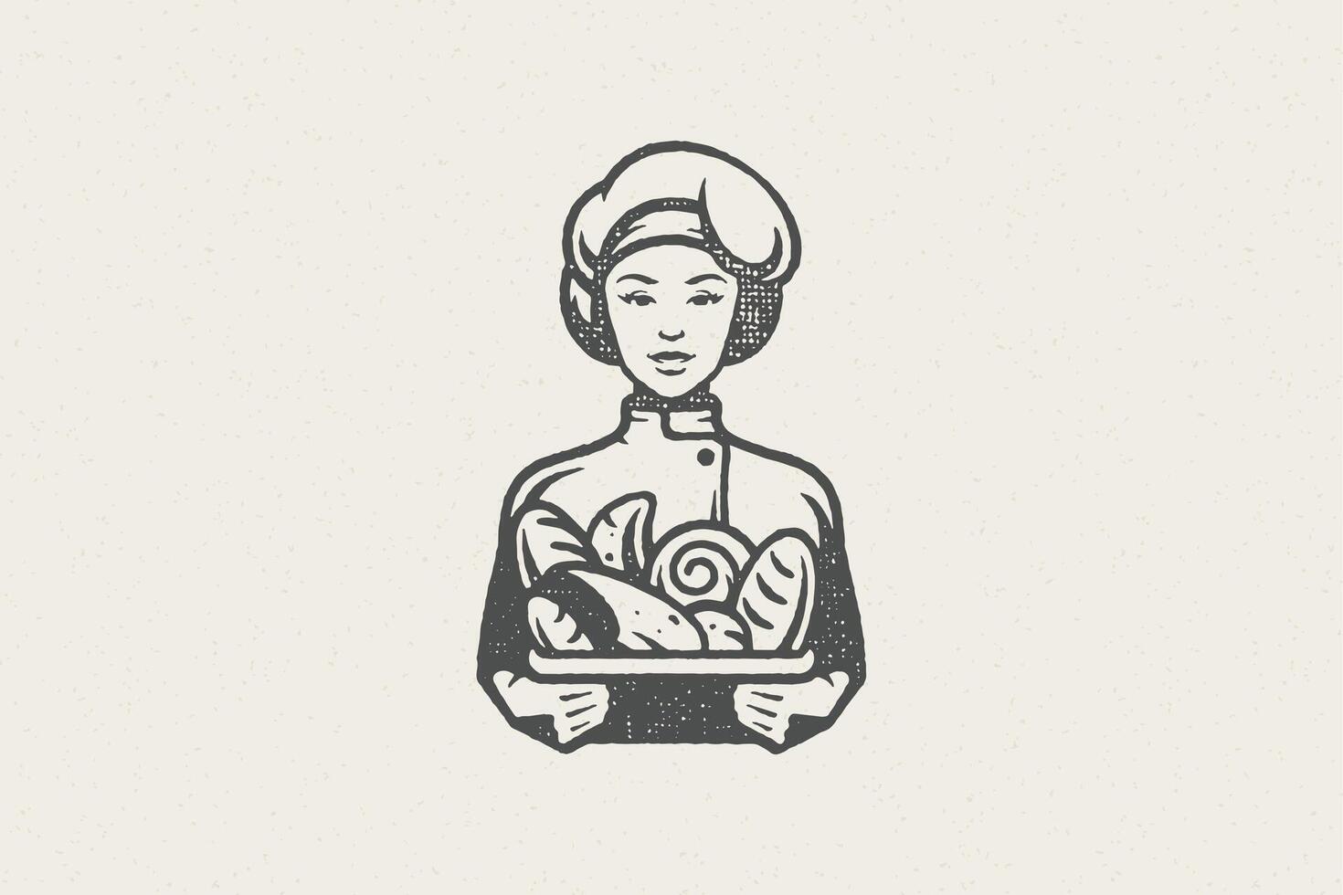 Woman baker in chef uniform with container of fresh buns work in bakery hand drawn stamp effect illustration. vector