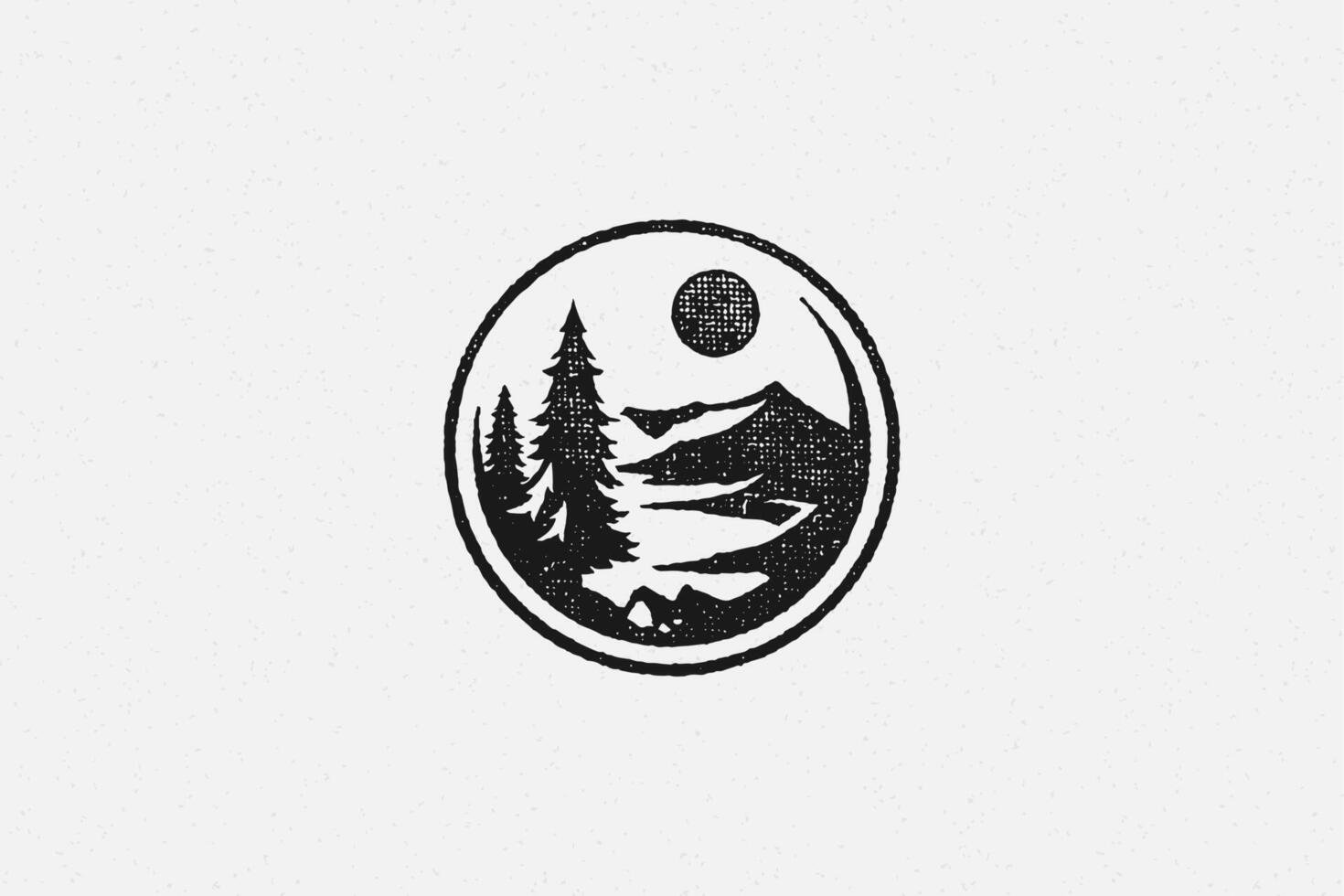 Round emblem with forest trees and mountain ridge silhouette of trekking hand drawn stamp effect illustration. vector