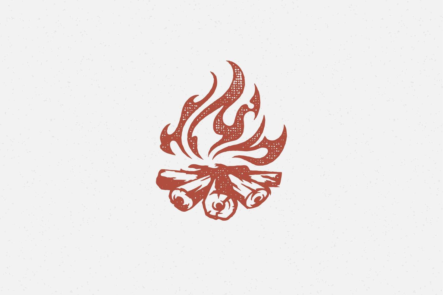 Red silhouette of hot campfire burning on logs on campsite hand drawn stamp effect illustration. vector