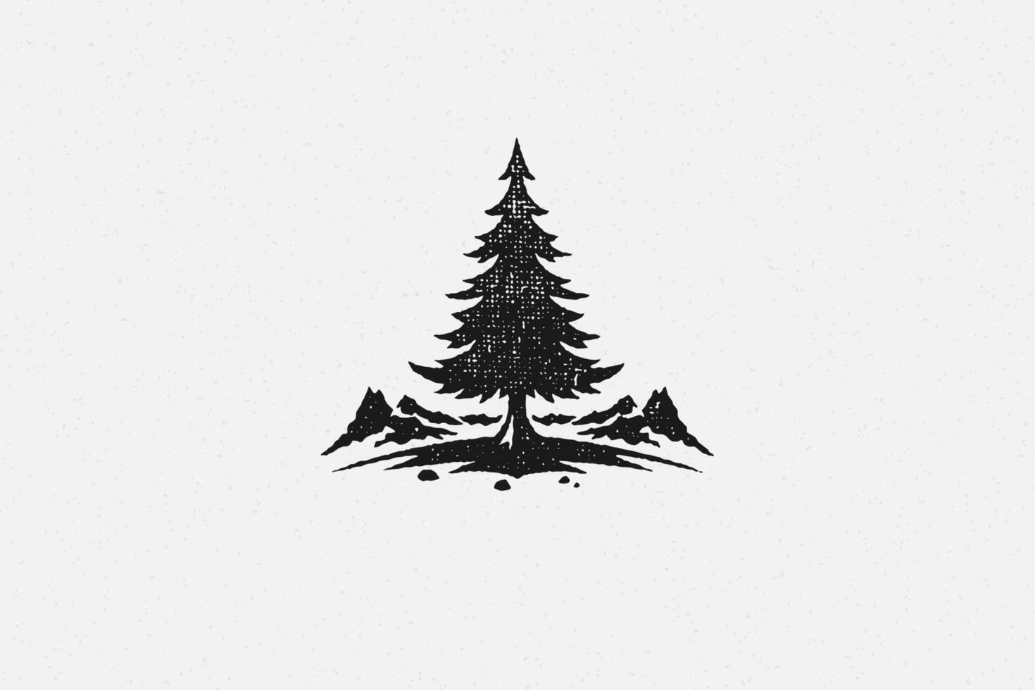 Silhouette of coniferous forest tree located near mountain ridge in nature hand drawn stamp effect illustration. vector