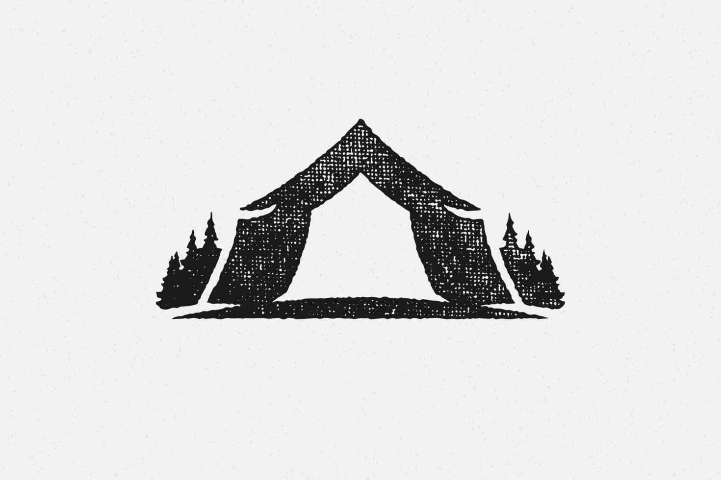 Silhouette of tent located on campsite near coniferous forest in countryside hand drawn stamp effect illustration vector
