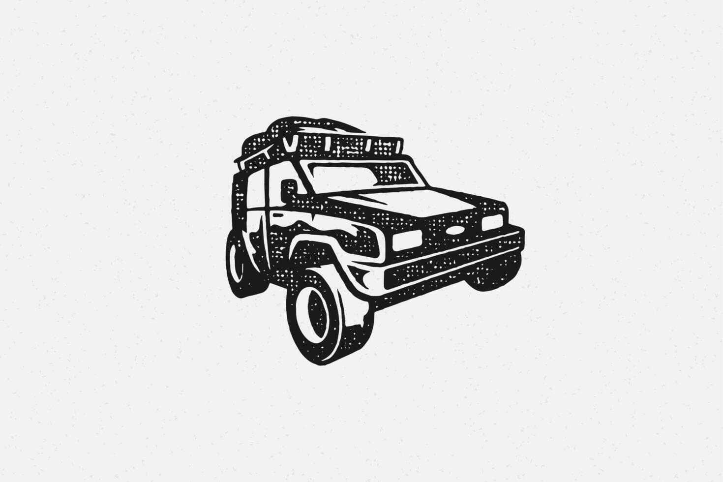 Black silhouette of off road car designed as symbol of travel through nature hand drawn stamp effect illustration vector