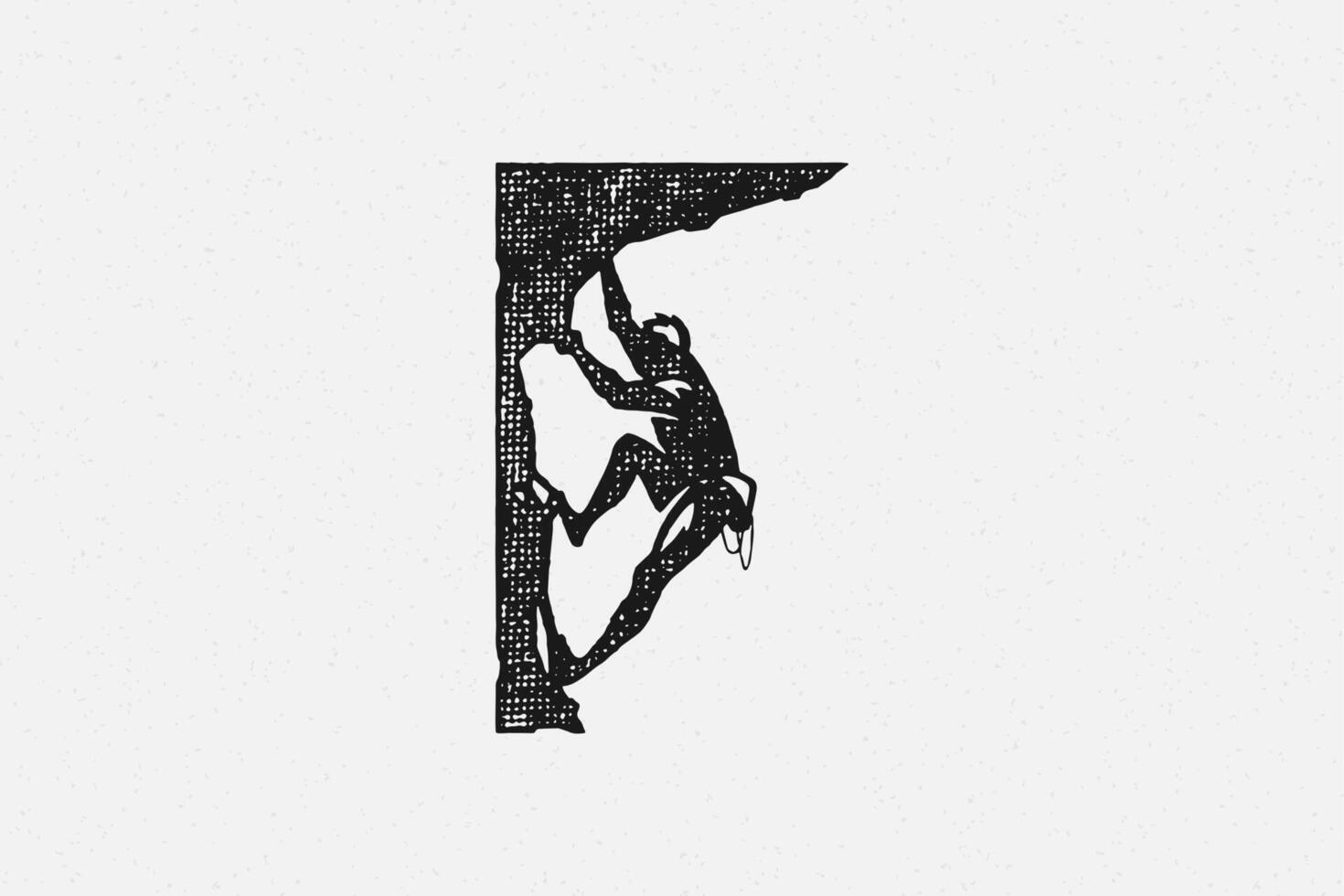 Black silhouette of mountaineer climbing cliff during trip in mountains hand drawn stamp effect illustration vector