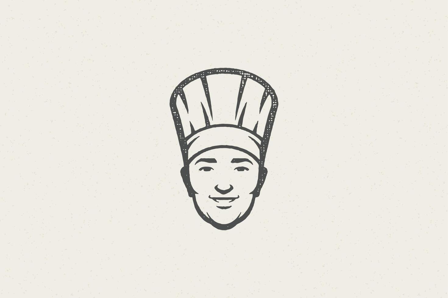 Logo icon head of smiling male cook silhouette in chef hat hand drawn stamp effect illustration. vector