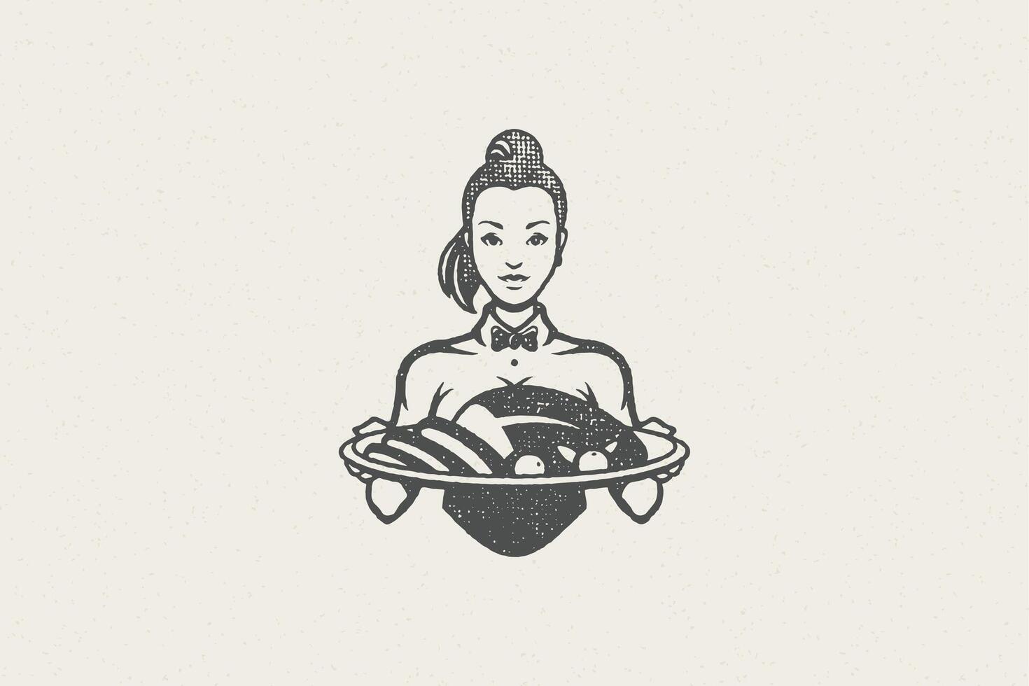 Waitress silhouette in uniform holding tray with roasted poultry turkey hand drawn stamp effect illustration. vector