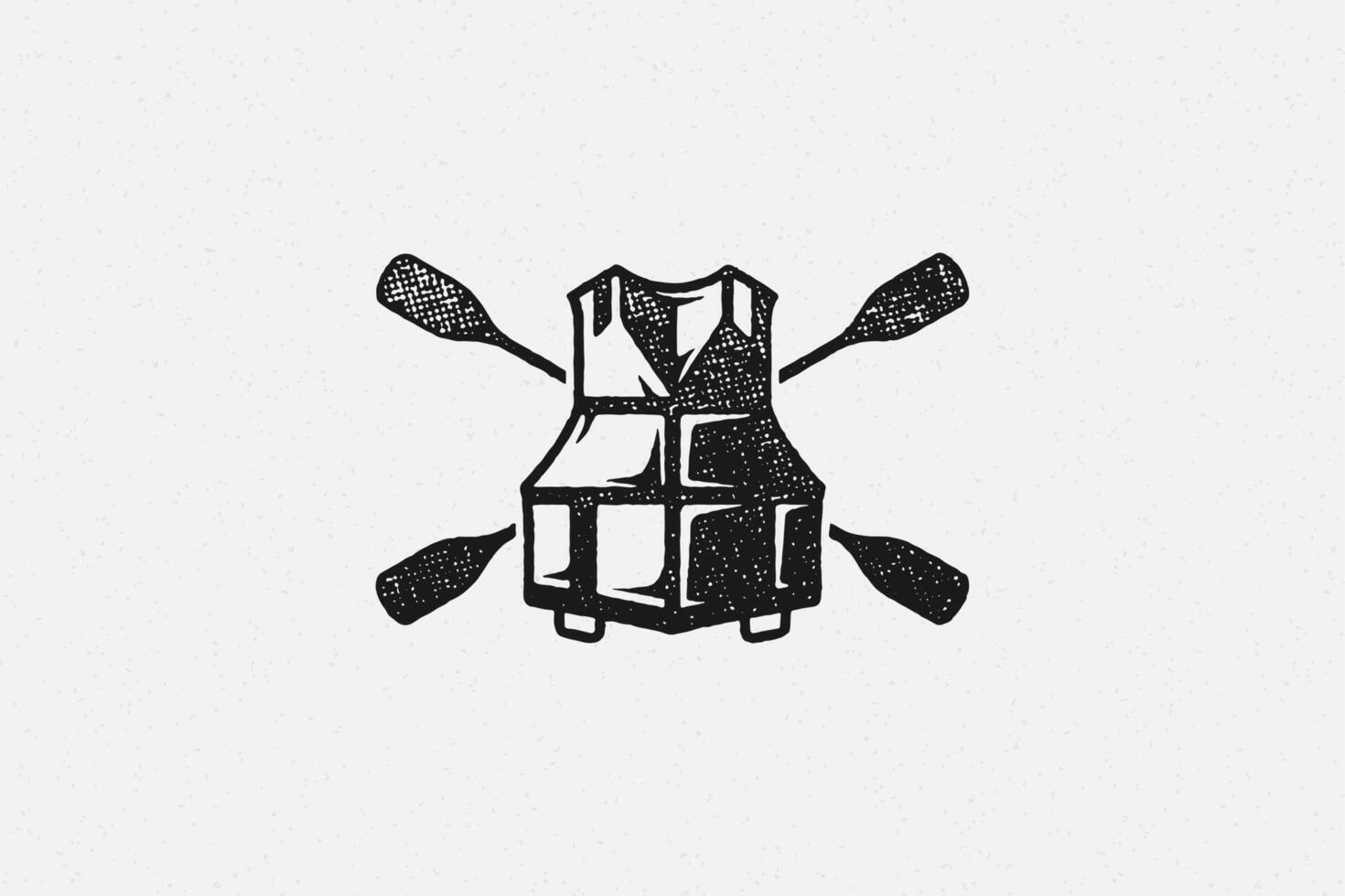 Silhouette of paddles crossed behind life vest as logo of boating hand drawn stamp effect illustration. vector