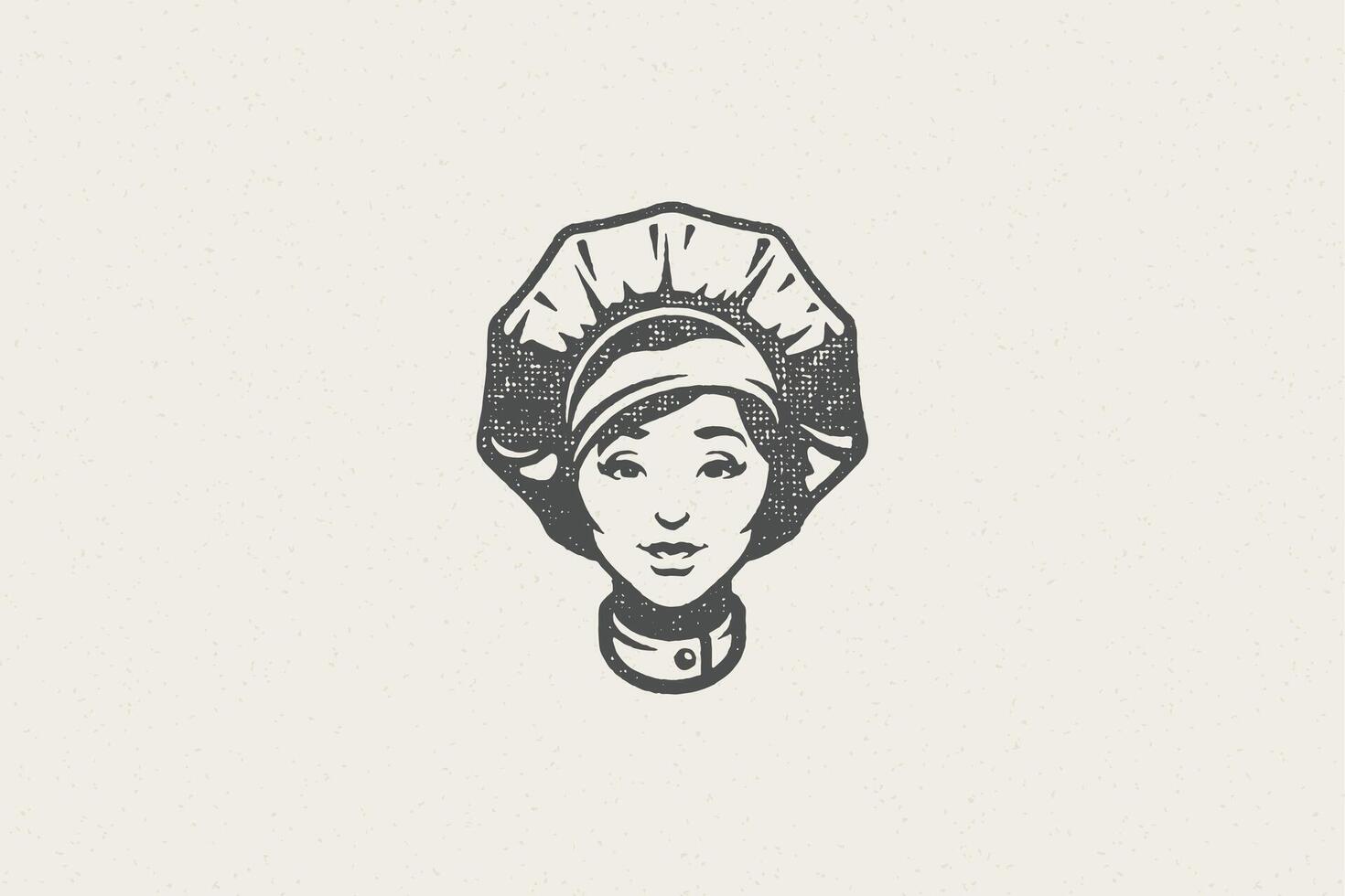 Woman head in traditional chef cap silhouette work in kitchen hand drawn stamp effect illustration vector