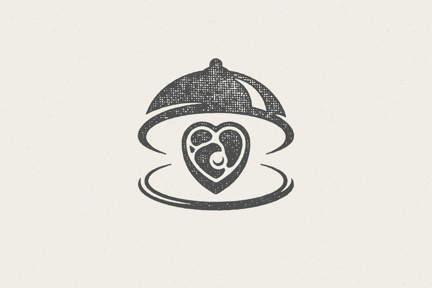 Heart shape beef steak silhouette served on tray with open cloche hand drawn stamp effect illustration. vector