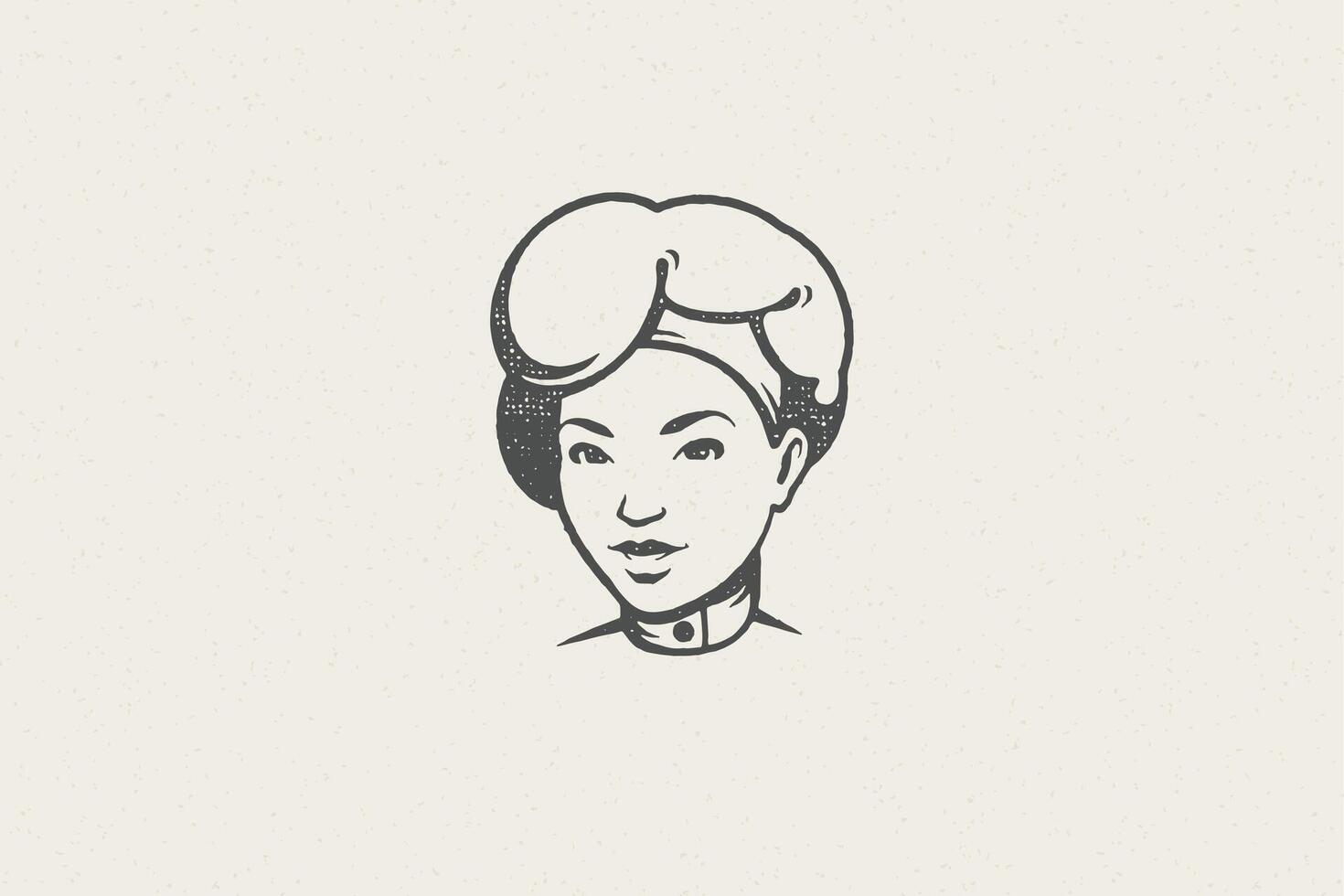 Woman head in traditional chef cap silhouette work in kitchen hand drawn stamp effect illustration vector