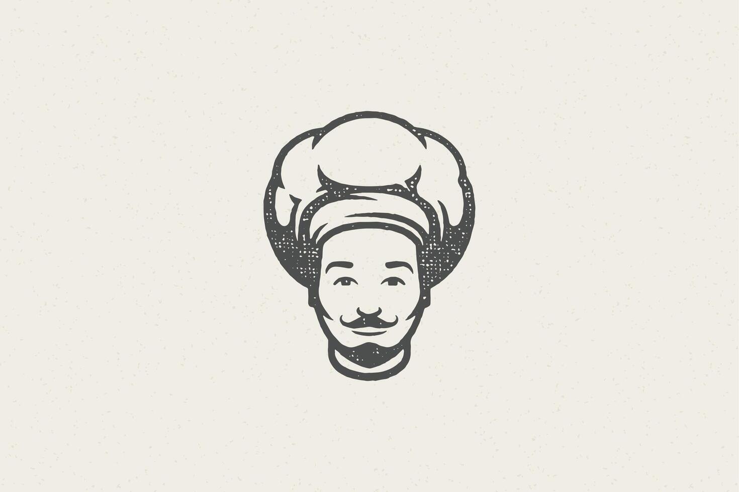Logo icon head of smiling male cook silhouette in chef hat hand drawn stamp effect illustration vector