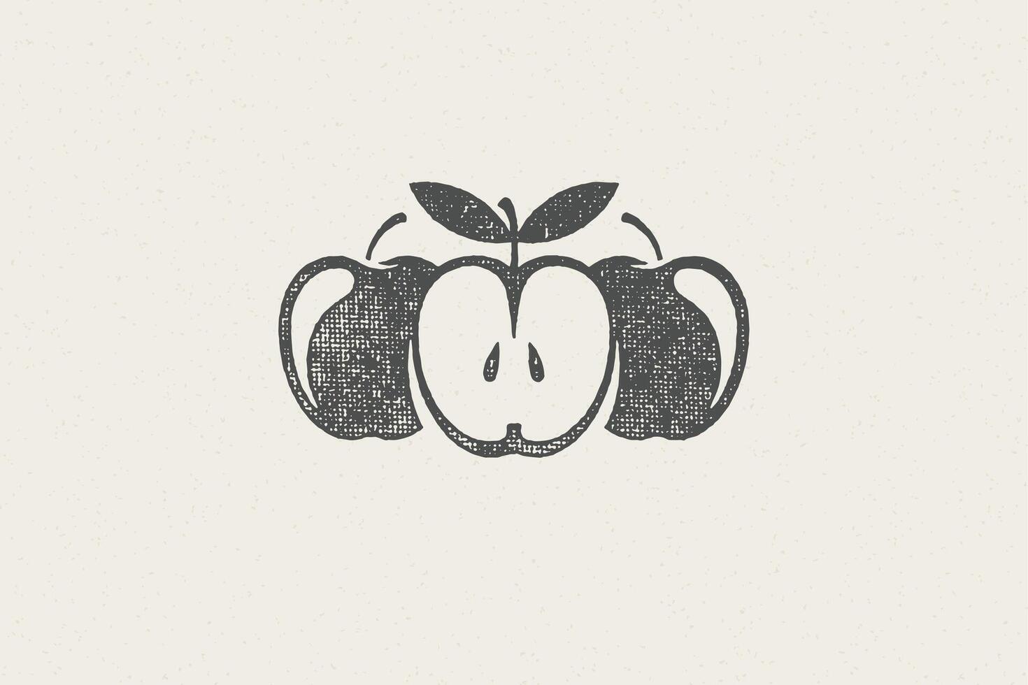 Whole and halved fresh apples silhouettes for healthy and organic food logo hand drawn stamp vector