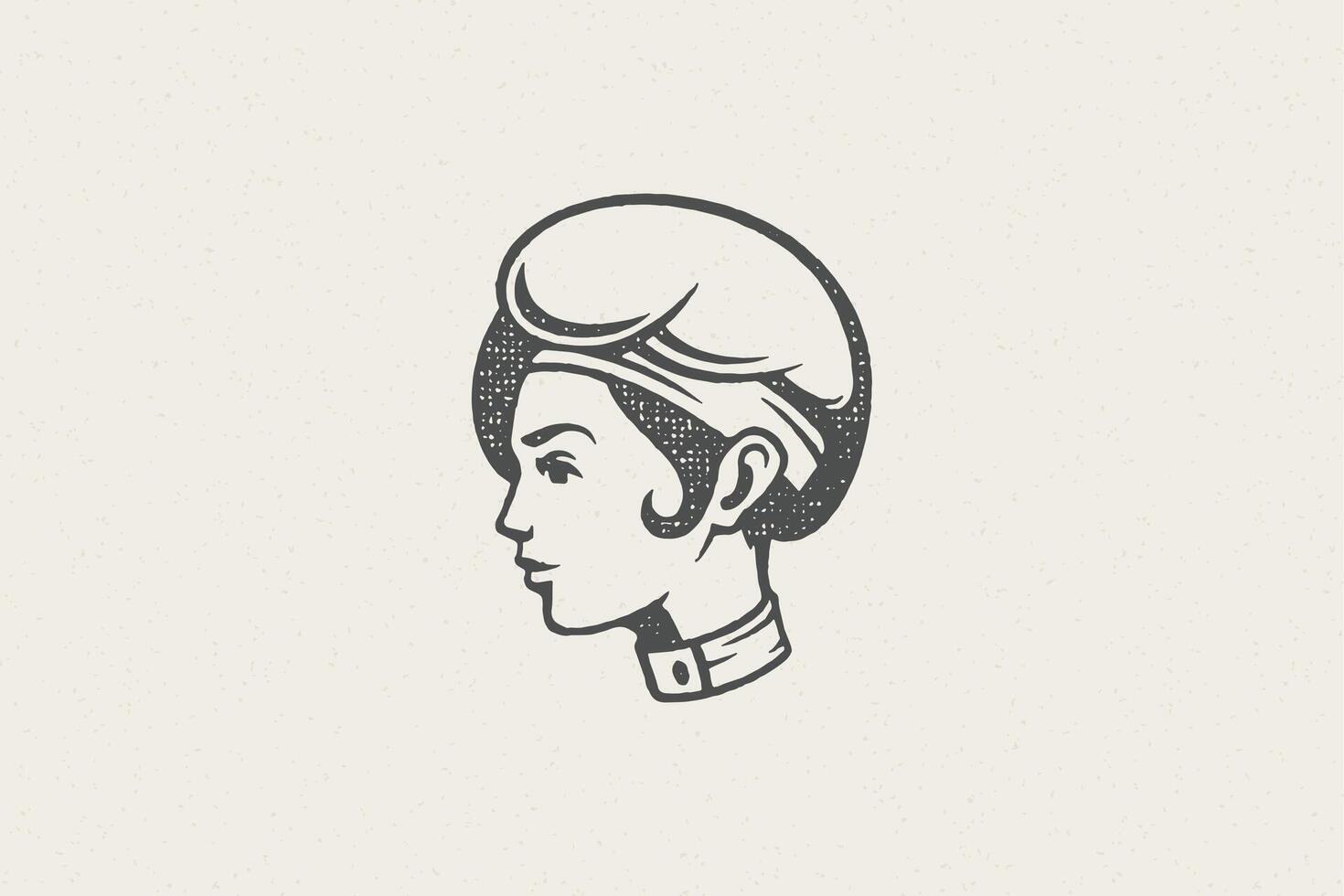 Woman head in traditional chef cap silhouette work in kitchen hand drawn stamp effect illustration. vector