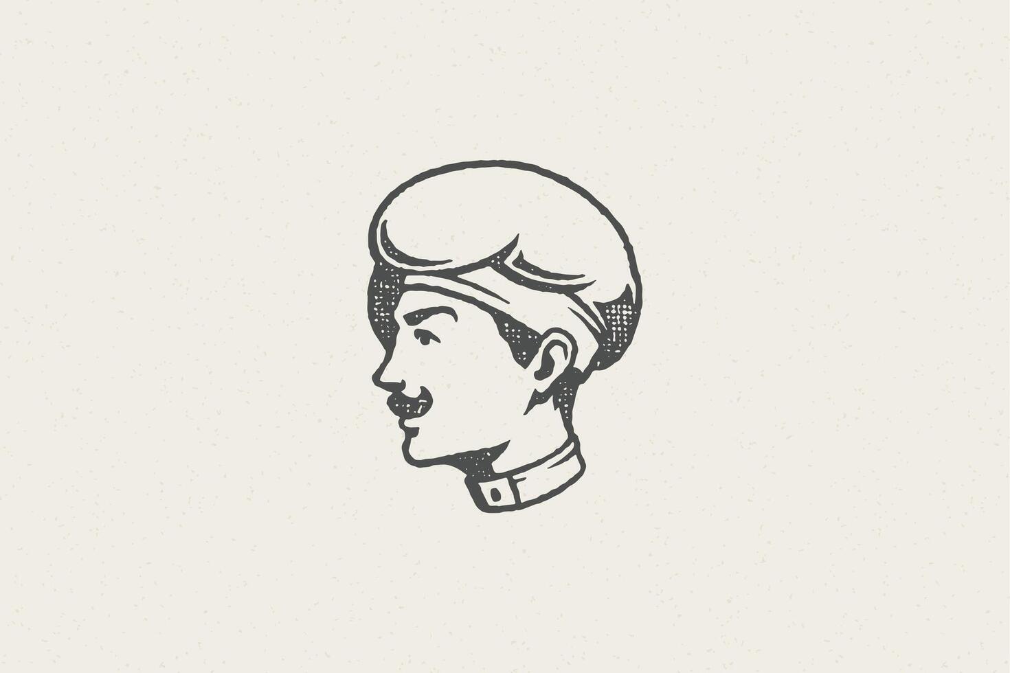 Logo icon head of smiling male cook silhouette in chef hat hand drawn stamp effect illustration. vector
