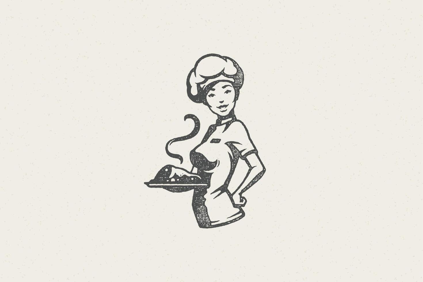 Smiling female chef in uniform and hat holding tray with steamy food hand drawn silhouette illustration vector