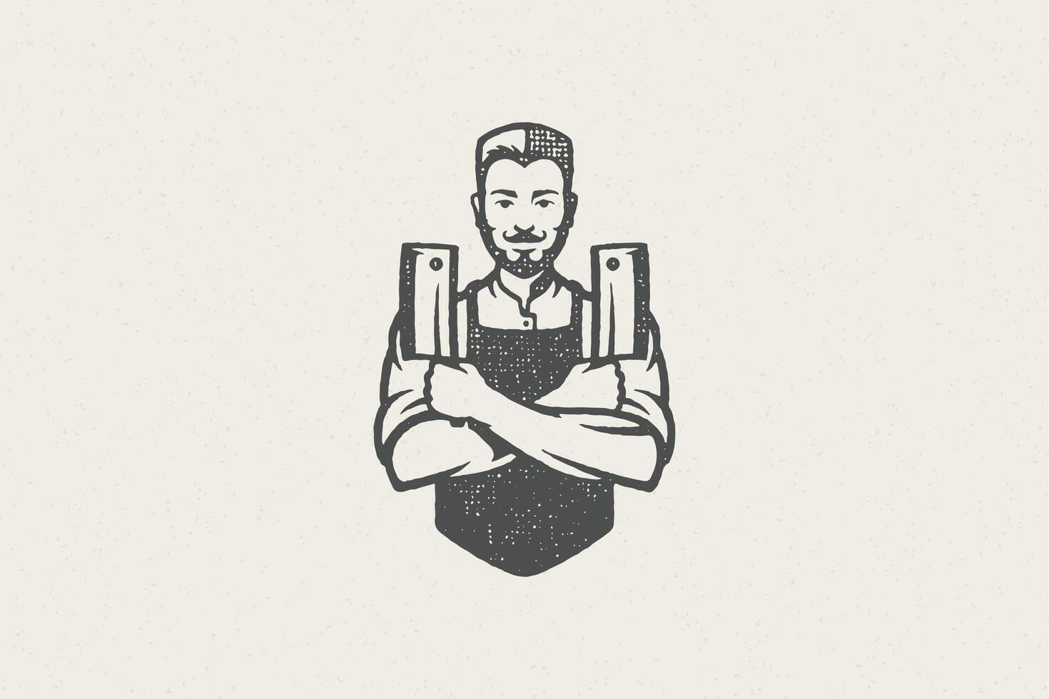 Man crossing arms with sharp knives while working in butchery hand drawn stamp effect illustration. vector