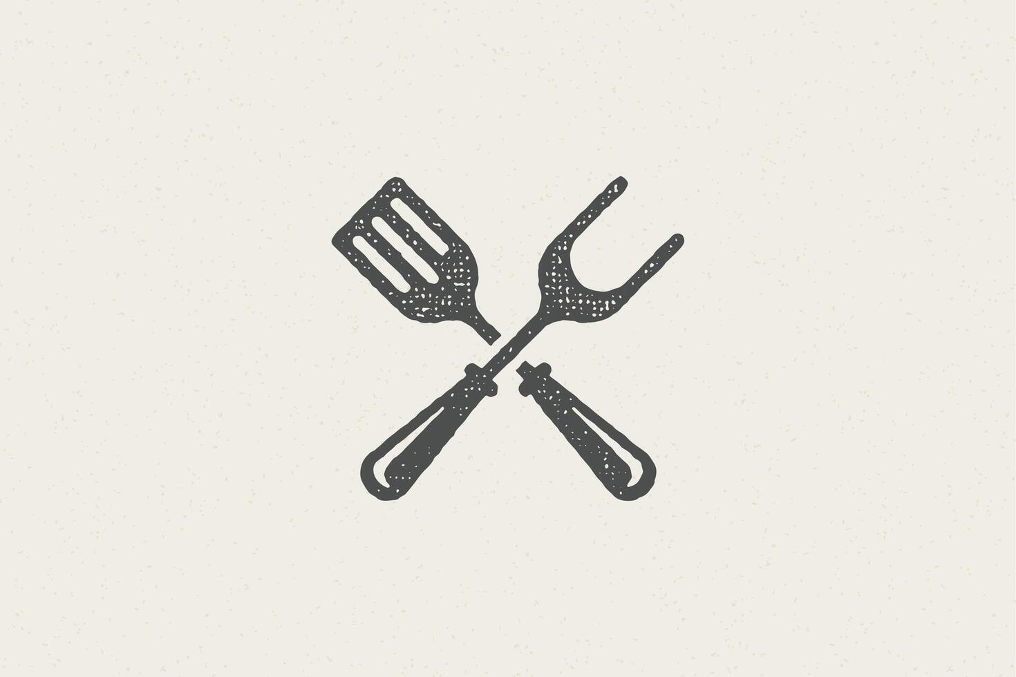 Fork and spatula crossed silhouette as symbol barbecue food preparation hand drawn stamp effect illustration. vector