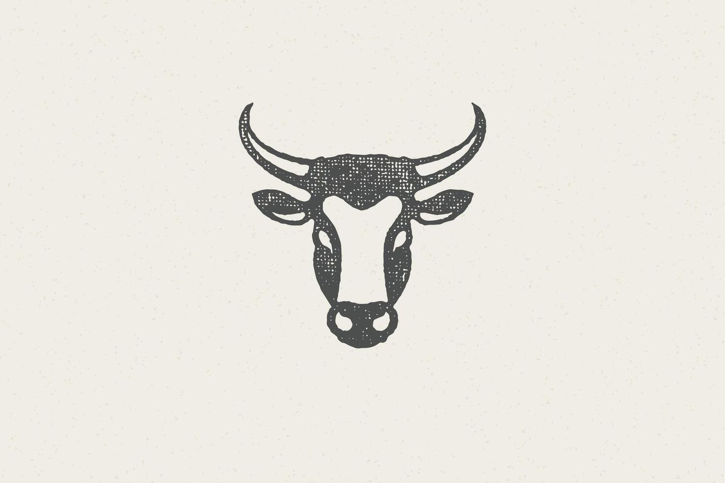 Black cow head silhouette with horns designed for meat industry hand drawn stamp effect illustration. vector
