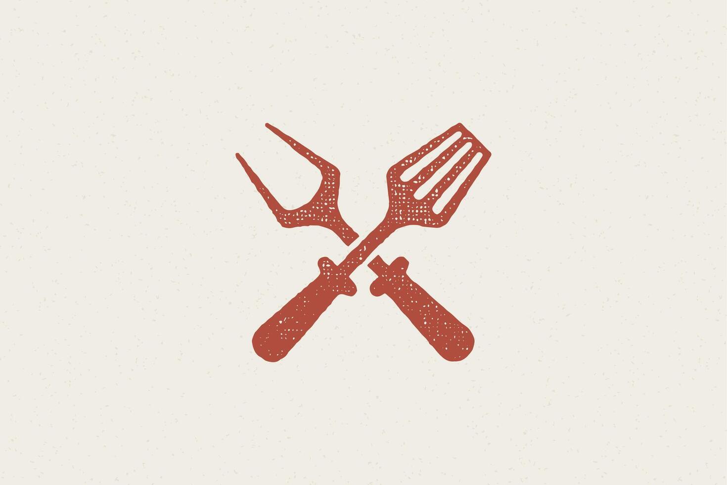 Fork and spatula crossed silhouette as symbol barbecue food preparation hand drawn stamp effect illustration. vector
