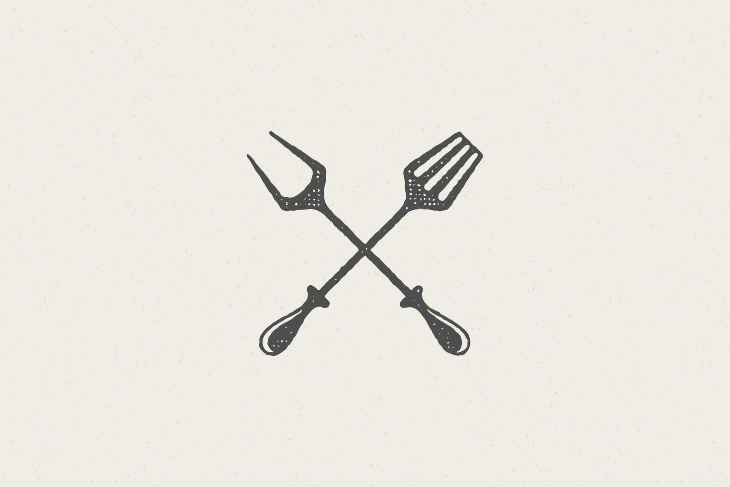 Fork and spatula crossed silhouette as symbol barbecue food preparation hand drawn stamp effect illustration. vector