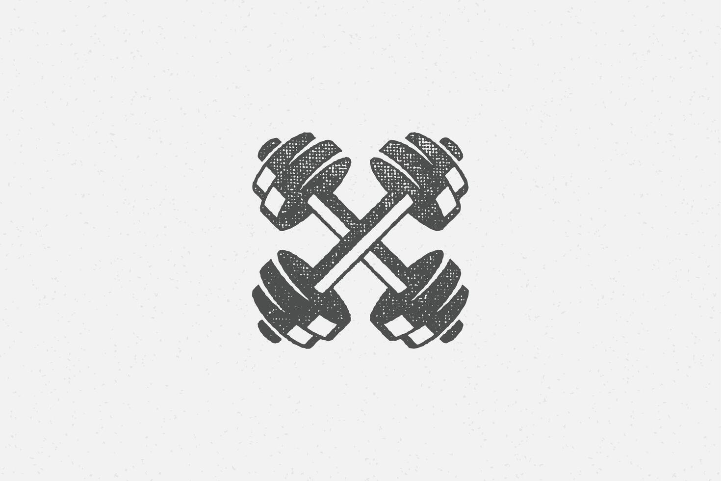 Heavy crossed dumbbells silhouette as symbol of weightlifting training in gym hand drawn stamp illustration. vector