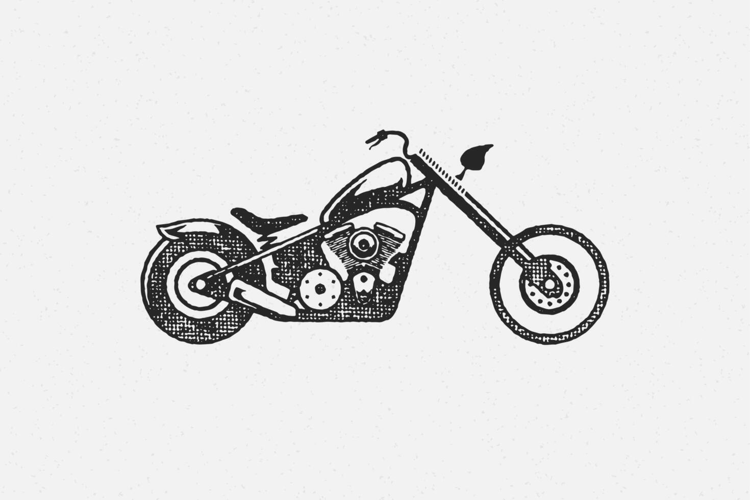 Chopper motorcycle silhouette side view hand drawn ink stamp illustration. vector