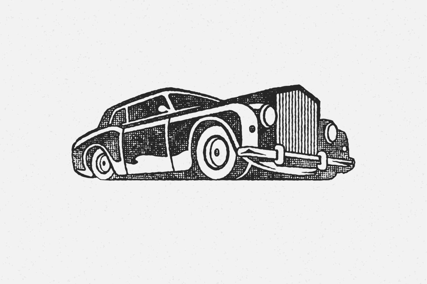 Old classic car silhouette hand drawn ink stamp illustration. vector